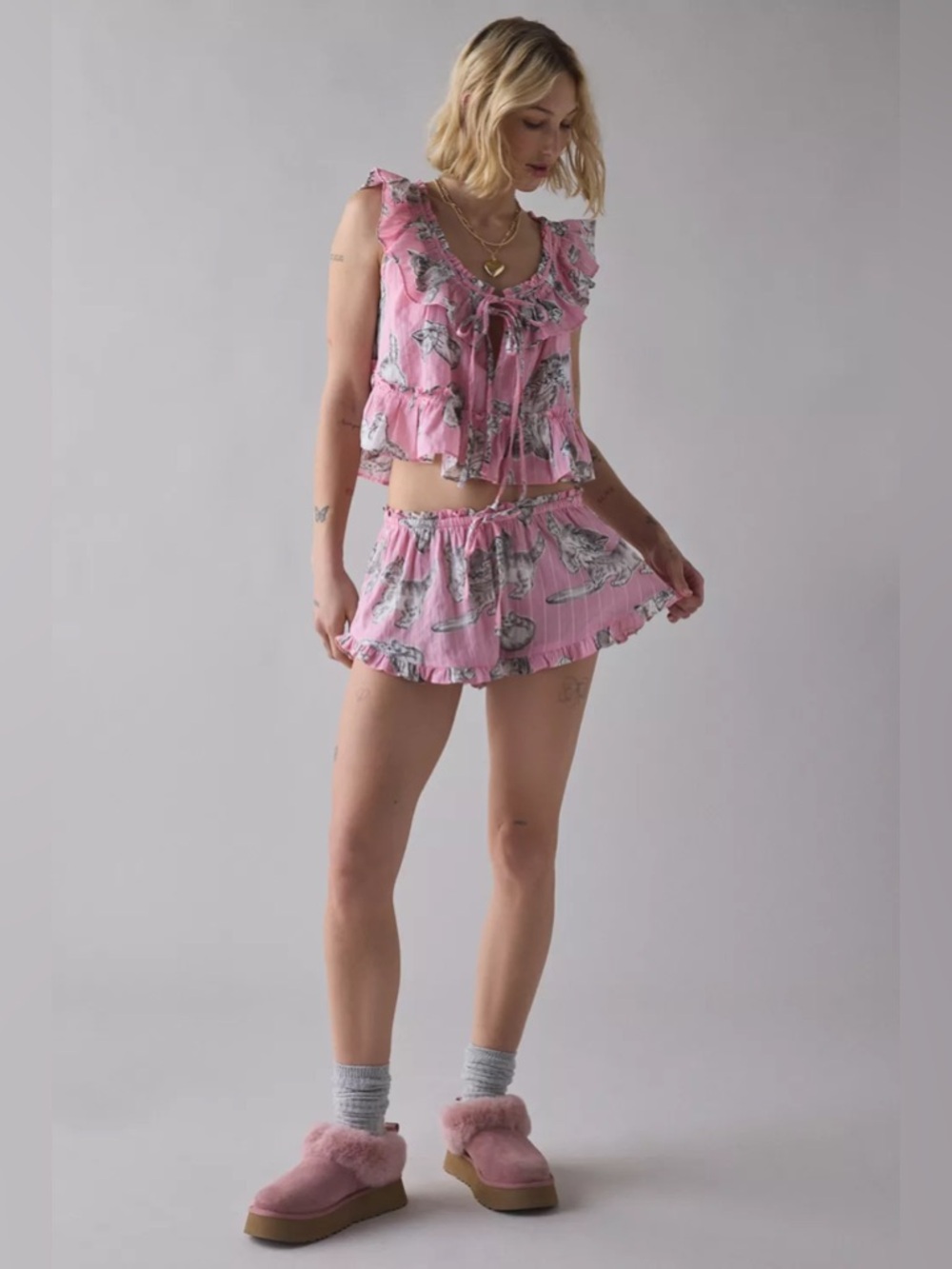 UO Out From Under Love Letters Ruffle Babydoll Top + Micro Shorts PJ Set